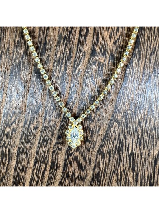 Jewelry - Gold-Tone Rhinestone Necklace With Oval Pendant & Chain Link Design